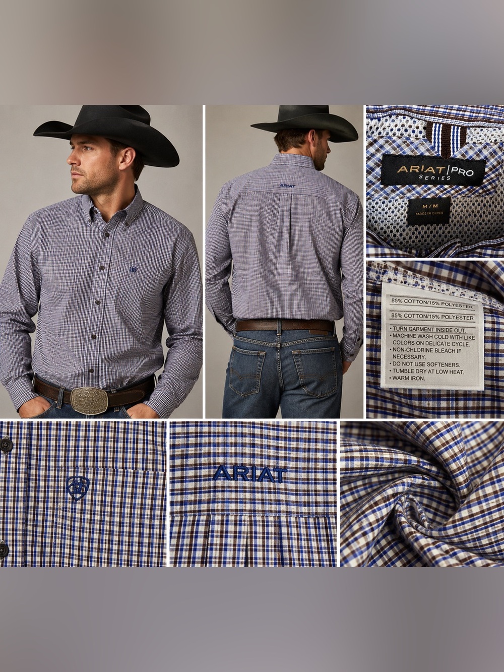 Ariat Pro Series Button Shirt Men’s M Blue Brown Check Western Performance